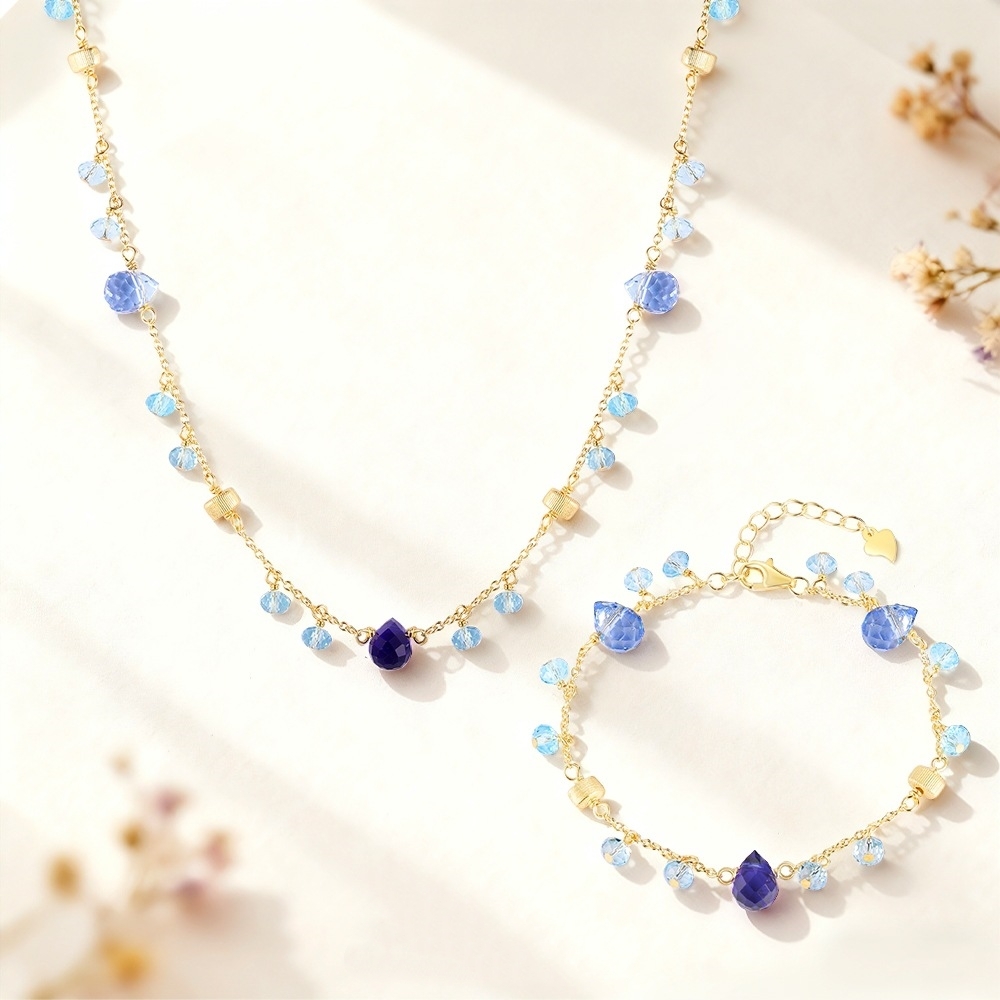 925 Silver 18K Gold Blue Cryst - đánh giá và giá Charm Necklace Dainty